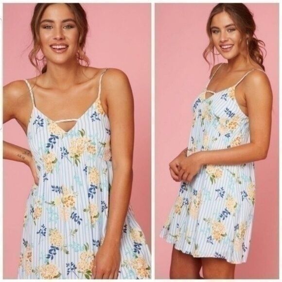 Boho Floral Spaghetti Strap Striped Dress in Ivory Blue Size Large NWT  7 0028 - Picture 1 of 2